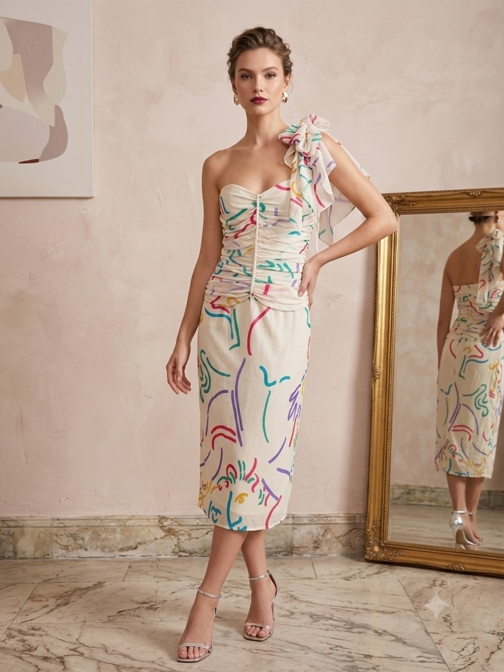 One-Shoulder Cream Midi Dress with Multicolor Abstract Lines